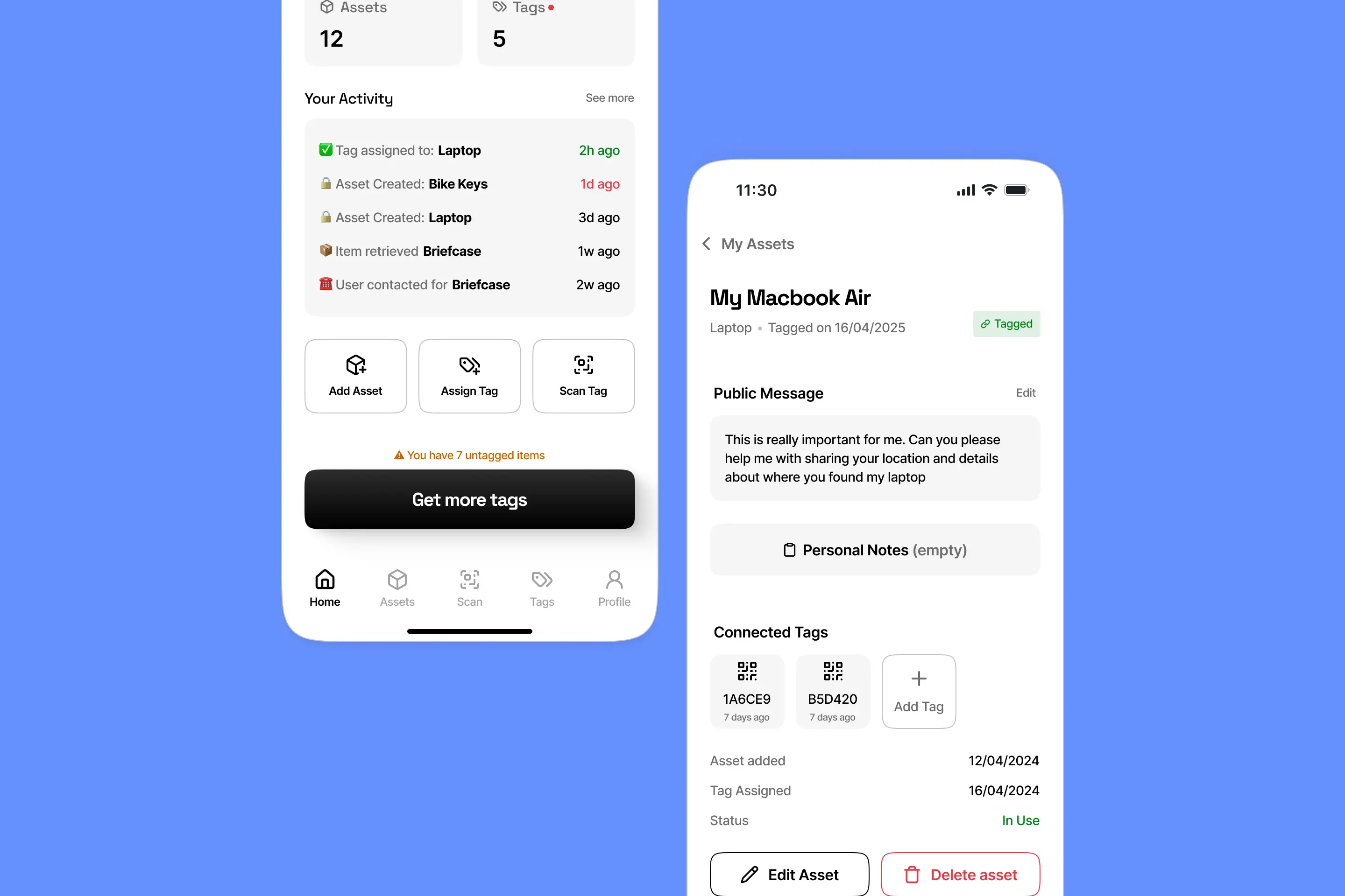 MyTags is a utility-focused mobile app that helps users tag, track, and recover personal items through QR codes, enabling finders to easily contact owners without revealing personal information